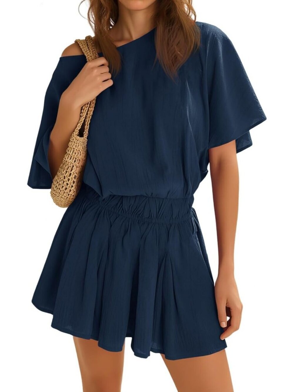 Women's Navy Summer Dresses Short Batwing Sleeve Cinched Waist Mini Dress